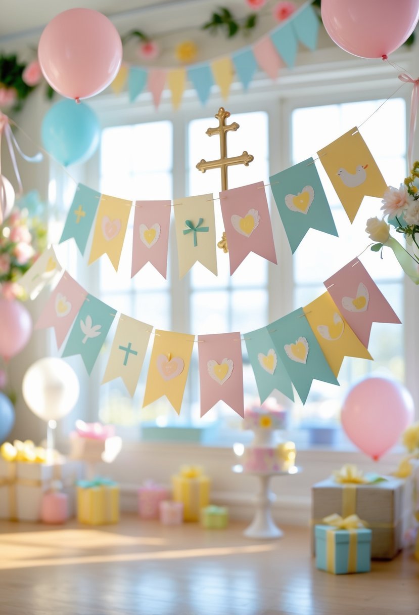 A decorated room with pastel scripture banner garlands, floral arrangements, balloons, and baby shower decorations celebrating a Christian baby shower.