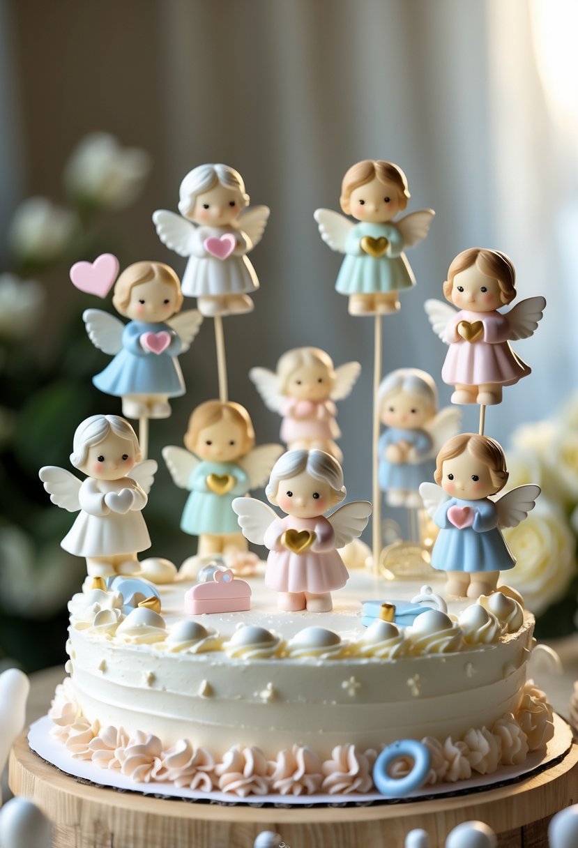 A collection of 15 angel figurine cake toppers arranged on and around a baby shower cake with soft pastel colors and gentle lighting.