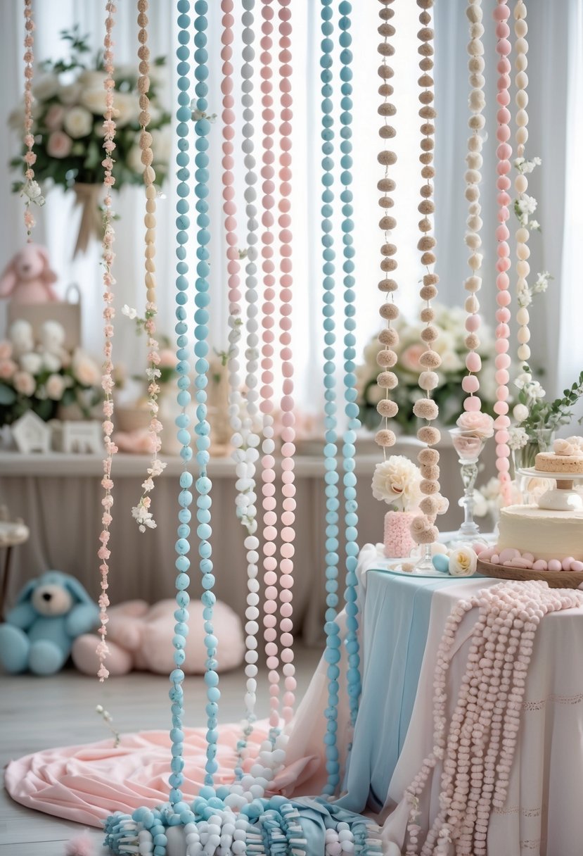 A baby shower setup featuring pastel-colored rosary bead garlands decorated with flowers and ribbons, arranged around a table with baby shower treats and soft toys.