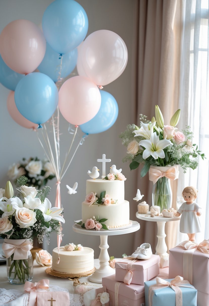 A decorated baby shower scene with pastel balloons, flowers, a cake with a cross topper, and Christian symbols like crosses and doves on a table in a sunlit room.