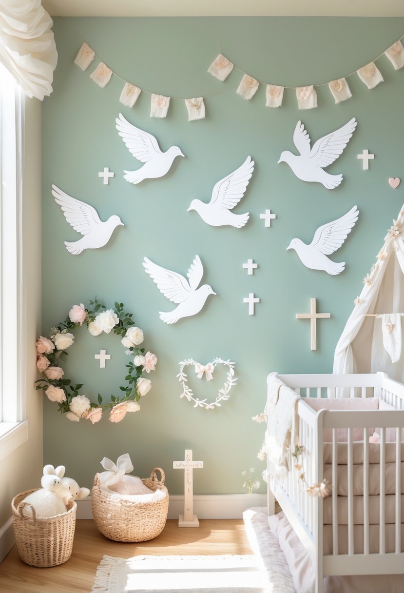 A nursery wall decorated with white dove decals and Christian baby shower decorations including floral garlands and crosses.