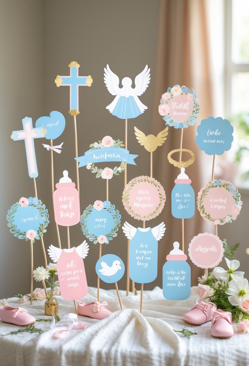 A collection of 15 Christian baby shower photo booth props arranged on a table with baby shower decorations and soft natural lighting.