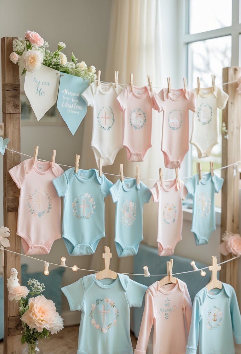 A baby shower display with pastel-colored baby onesies featuring Christian-themed embroidery, surrounded by floral decorations, wooden crosses, and soft lighting.