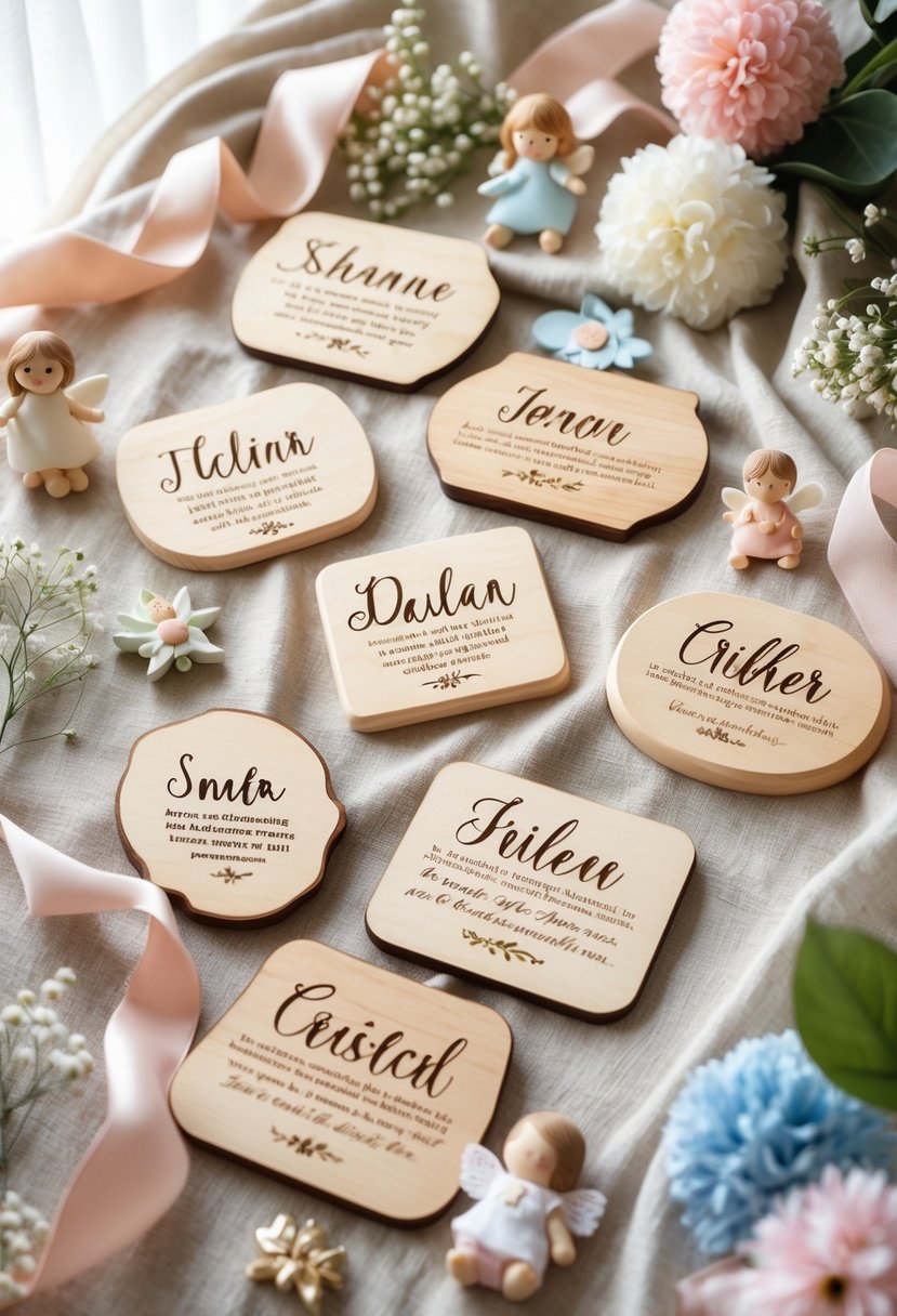Wooden name plaques surrounded by pastel baby shower decorations and floral accents on a soft fabric background.