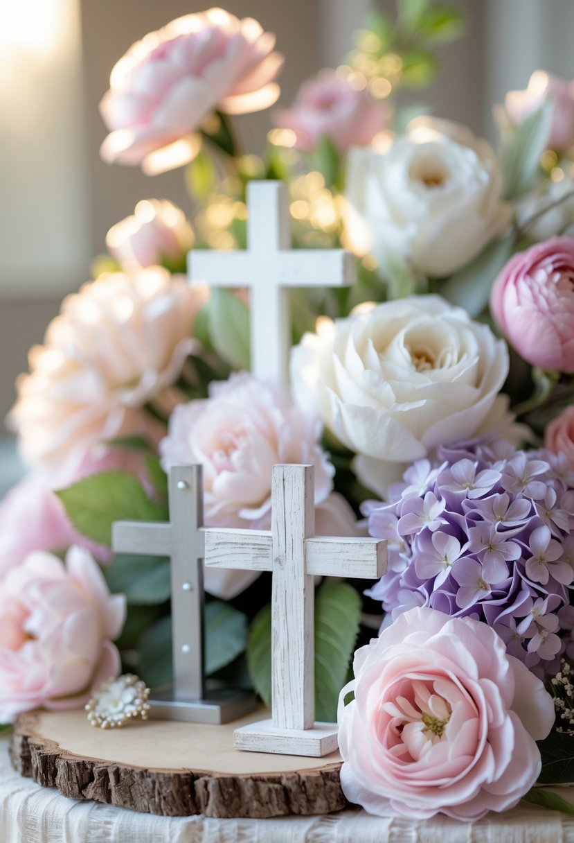 Silk flower arrangements with crosses displayed as decorations for a Christian baby shower.