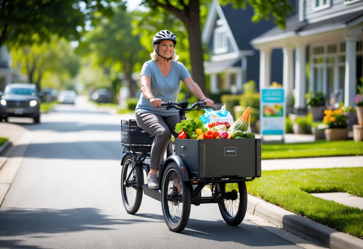 A person riding an electric trike with groceries in the rear basket on a sunny suburban sidewalk.