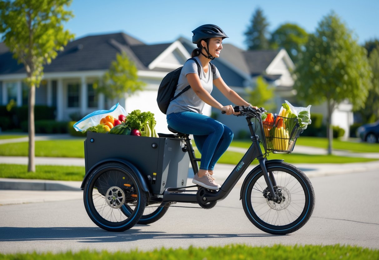 Person riding an electric tricycle carrying grocery bags in a residential neighborhood on a sunny day.