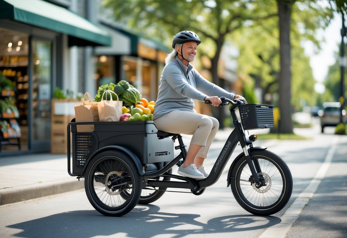 Person riding an electric trike with groceries in the rear basket on a sunny day near a grocery store.