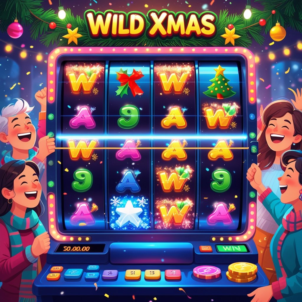 Ilustrasi mesin slot bertema Natal dengan simbol Natal berwarna-warni dan pemain yang merayakan kemenangan jackpot di suasana liburan yang meriah.