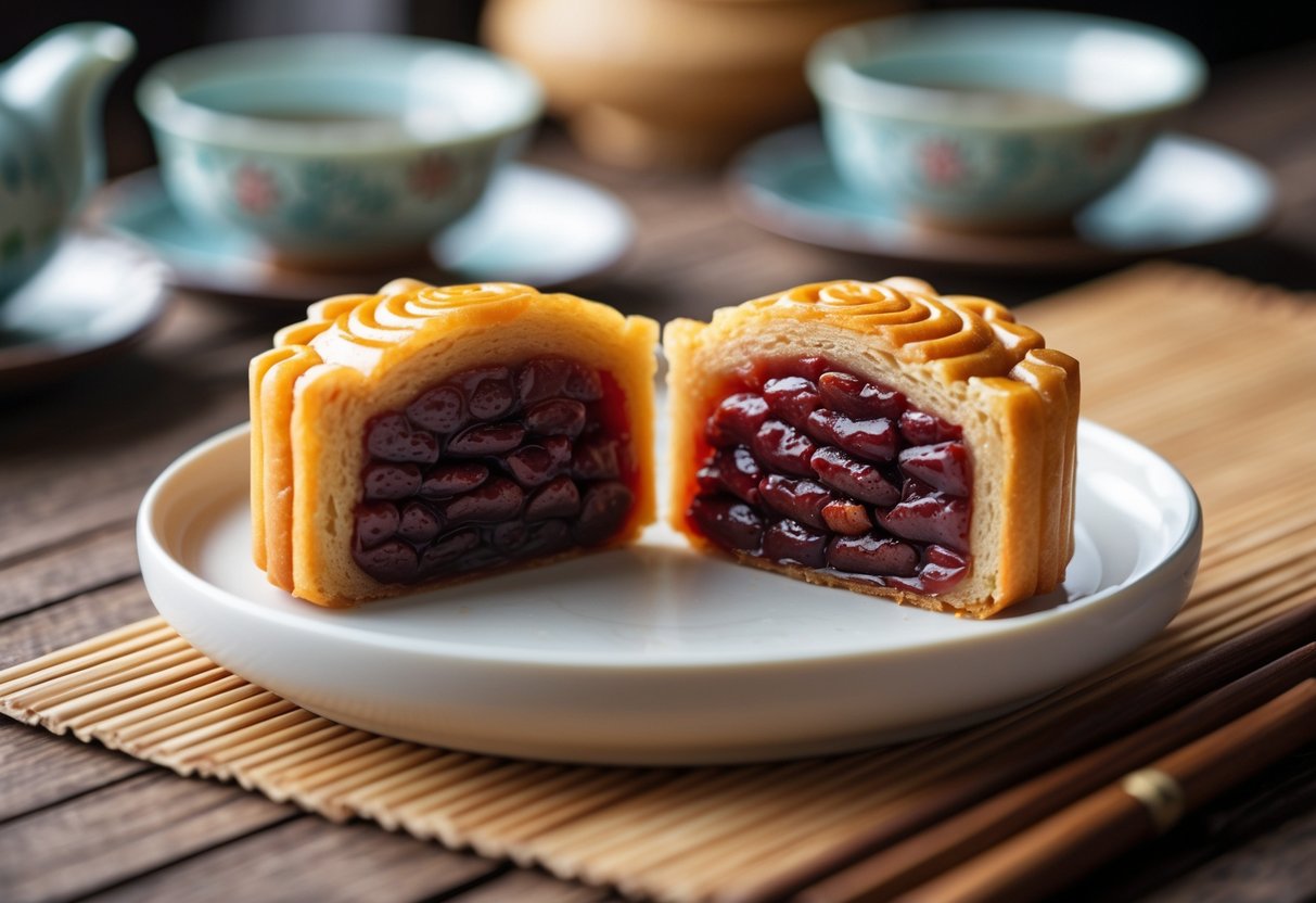 A red bean paste mooncake cut in half on a white plate, showing the soft amber pastry and smooth red bean filling inside.