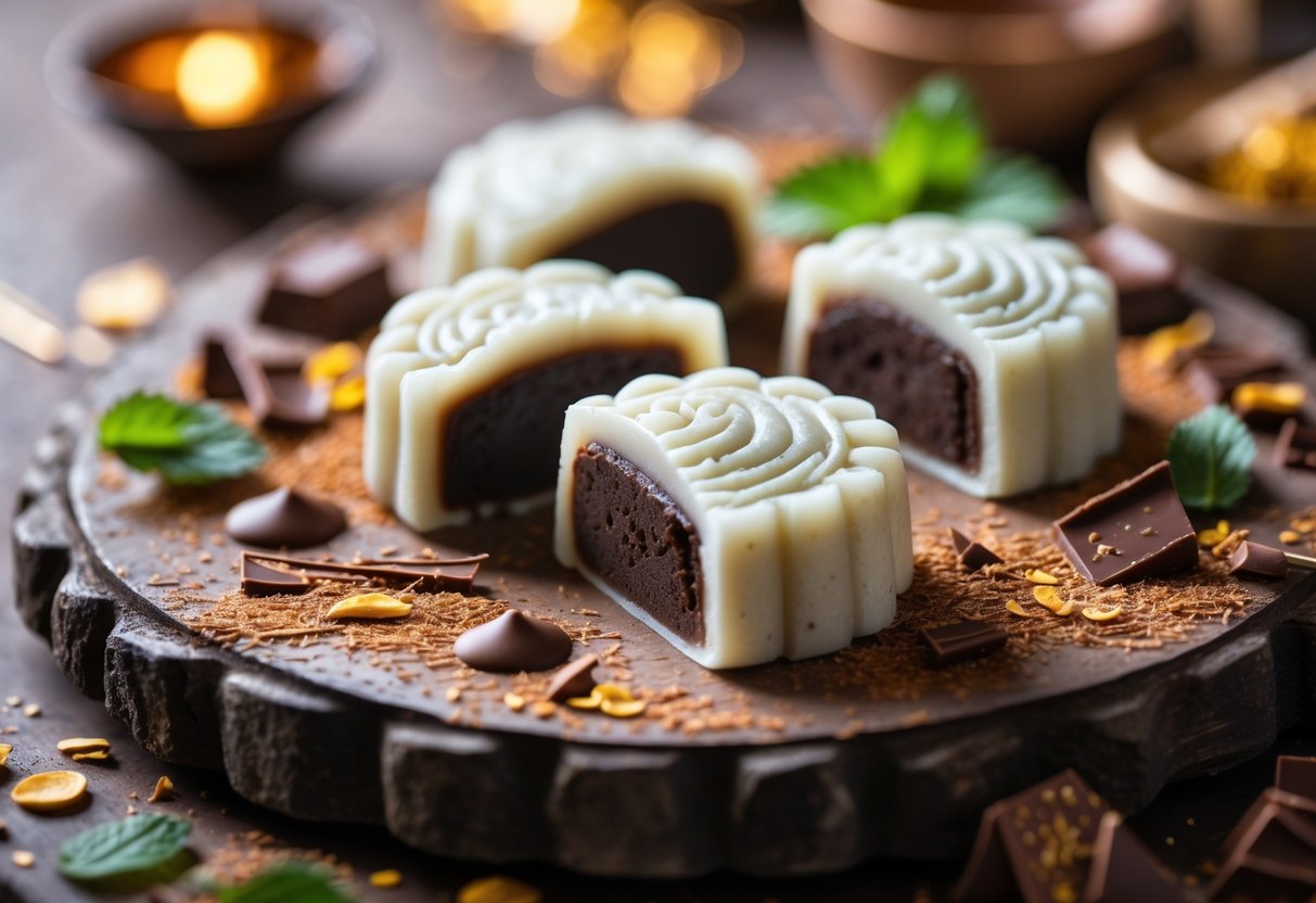 Close-up of chocolate ganache snow skin mooncakes on a wooden board with garnishes.