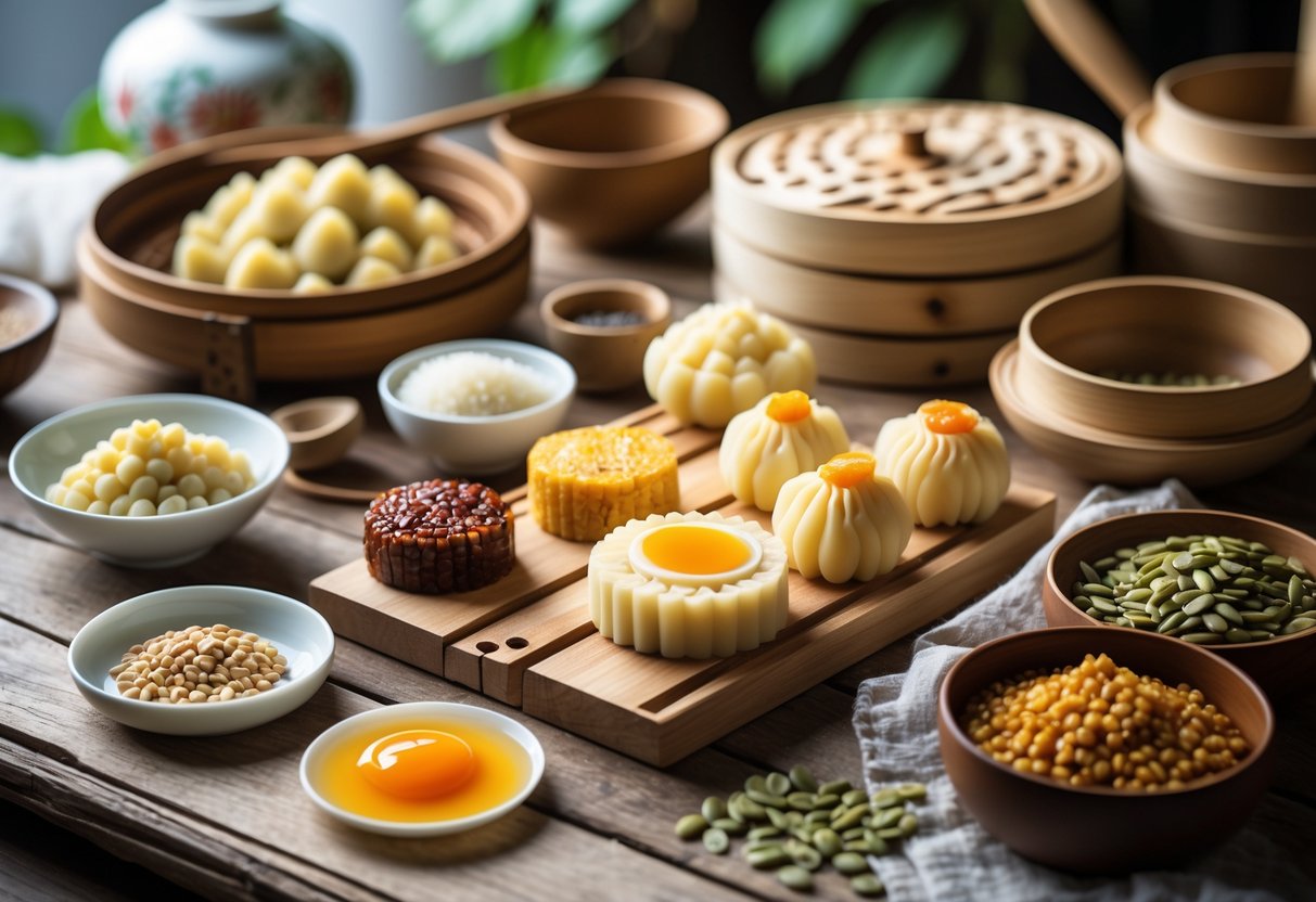 A wooden table with traditional mooncake ingredients including lotus seed paste, salted egg yolks, red bean paste, melon seeds, and mooncakes in preparation, with kitchen tools around them.