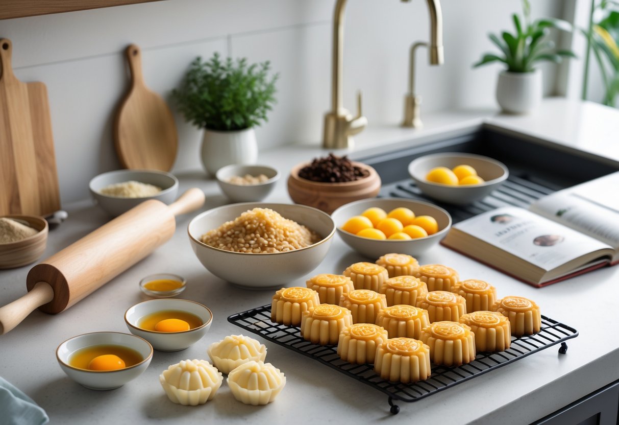 A kitchen countertop with mooncake ingredients, baking tools, and freshly baked mooncakes cooling on a rack.