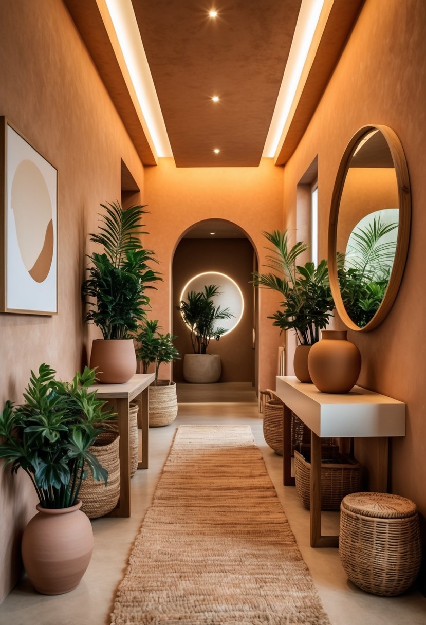 Earthy Hallway Styling Tips: 20 Ideas for a Warm and Natural Look 2 A hallway with wooden furniture, potted plants, a woven rug, and a large round mirror on the wall.