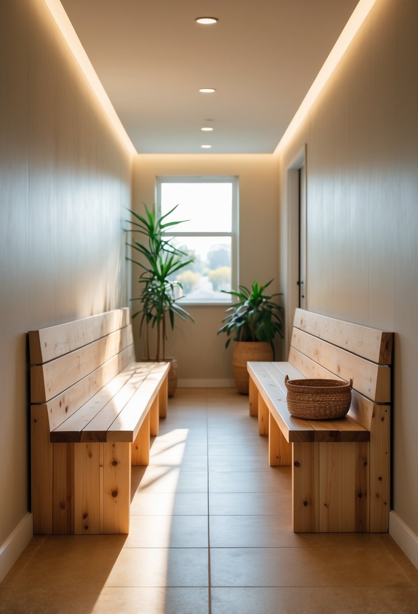 Earthy Hallway Styling Tips: 20 Ideas for a Warm and Natural Look 3 A hallway with natural wood benches used for seating and storage, featuring warm lighting and minimal decor.
