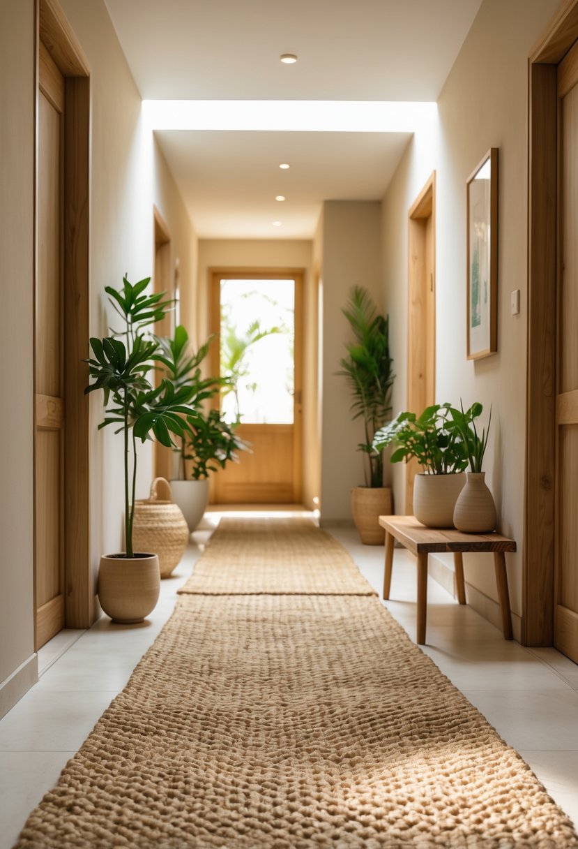 Earthy Hallway Styling Tips: 20 Ideas for a Warm and Natural Look 4 A hallway with woven jute rugs on the floor, wooden bench, potted plants, and soft natural lighting.