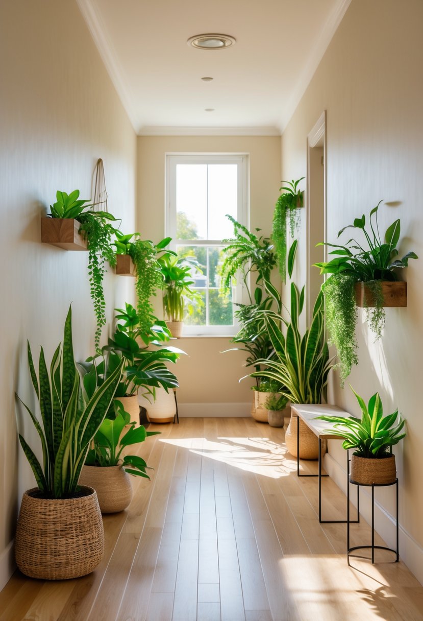 Earthy Hallway Styling Tips: 20 Ideas for a Warm and Natural Look 5 A bright hallway with wooden floors and green houseplants arranged along the walls and on stands, creating a fresh and natural atmosphere.
