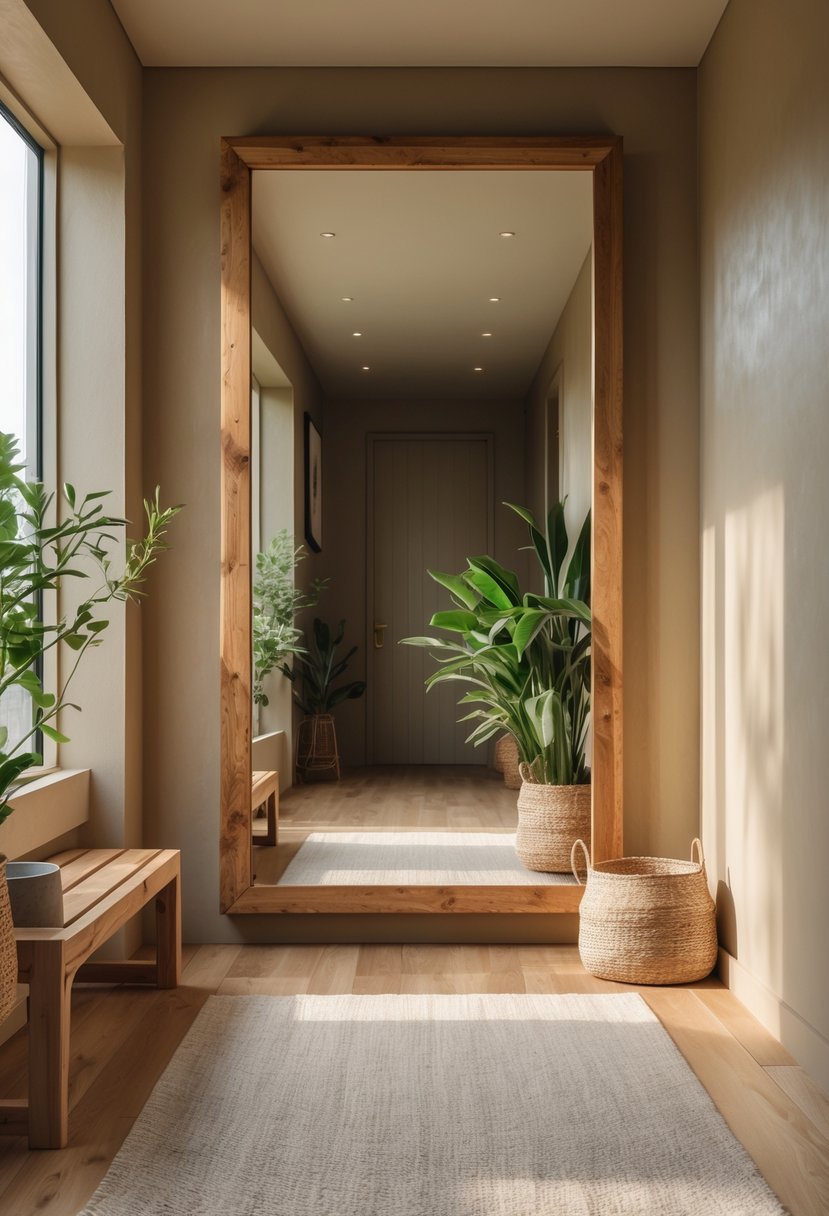 Earthy Hallway Styling Tips: 20 Ideas for a Warm and Natural Look 6 A hallway with a large wooden-framed mirror on the wall, natural wood flooring, plants, and a small bench.
