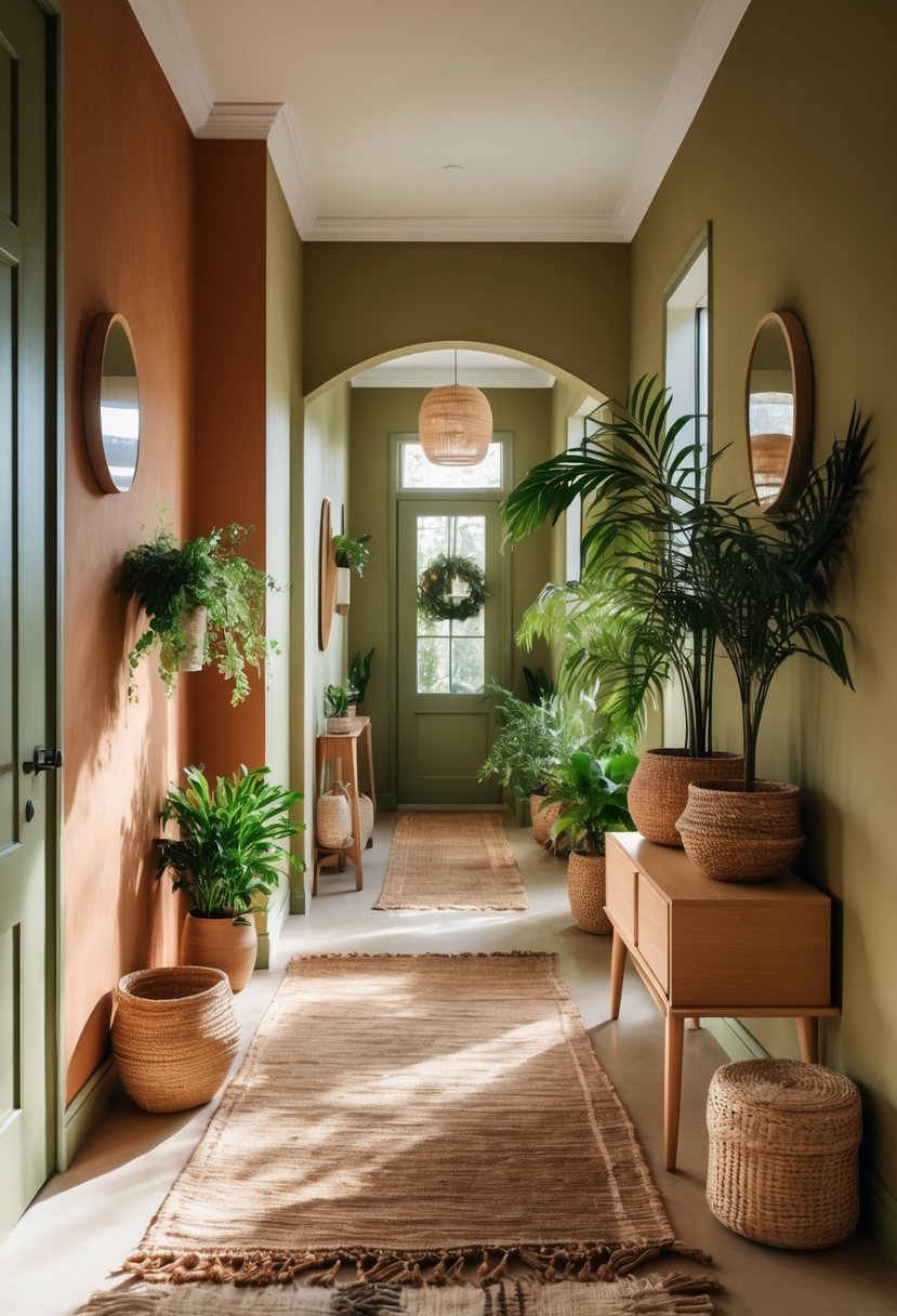 Earthy Hallway Styling Tips: 20 Ideas for a Warm and Natural Look 7 A hallway with terracotta and olive green walls, wooden flooring, potted plants, and natural light.