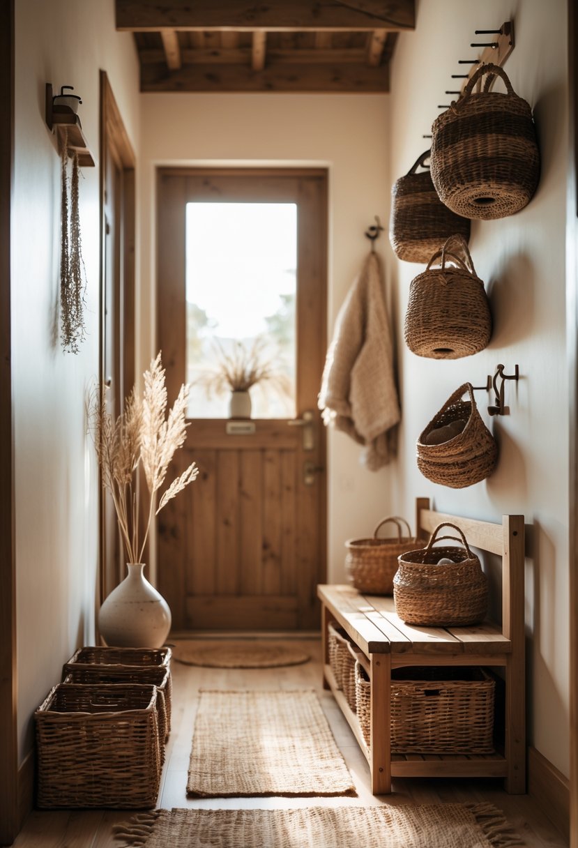Earthy Hallway Styling Tips: 20 Ideas for a Warm and Natural Look 8 A hallway with rustic woven baskets arranged for organized storage under a wooden bench, with natural light and decorative plants.