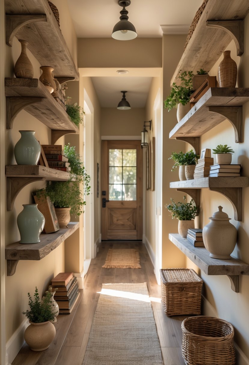 Earthy Hallway Styling Tips: 20 Ideas for a Warm and Natural Look 9 A hallway with weathered wooden shelves holding decorative items like plants, vases, and books, illuminated by natural light.