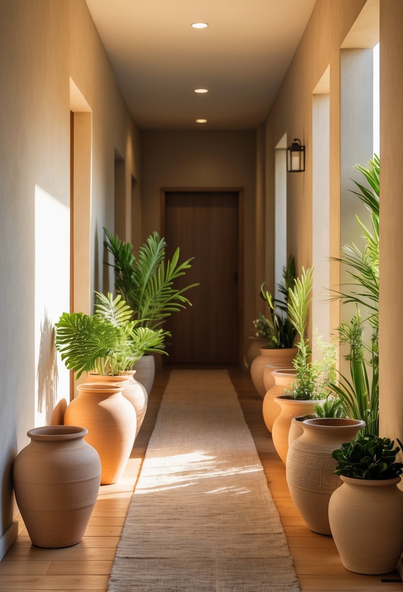 Earthy Hallway Styling Tips: 20 Ideas for a Warm and Natural Look 10 A hallway with wooden floors and neutral walls decorated with ceramic and clay pots, some holding green plants.