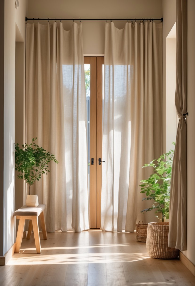 Earthy Hallway Styling Tips: 20 Ideas for a Warm and Natural Look 11 A bright hallway with neutral linen curtains, wooden floor, a potted plant, and a wooden bench.