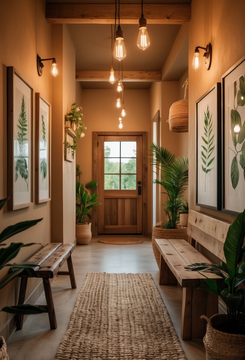 Earthy Hallway Styling Tips: 20 Ideas for a Warm and Natural Look 12 A hallway with warm lighting from hanging Edison bulbs, wooden furniture, plants, and earthy-colored walls.