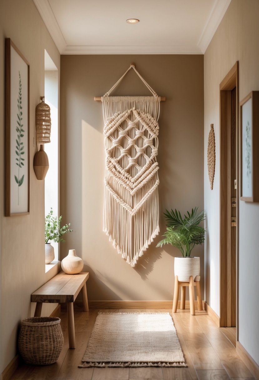 Earthy Hallway Styling Tips: 20 Ideas for a Warm and Natural Look 13 A hallway with a macrame wall hanging, wooden bench, potted plant, and natural light coming through a window.