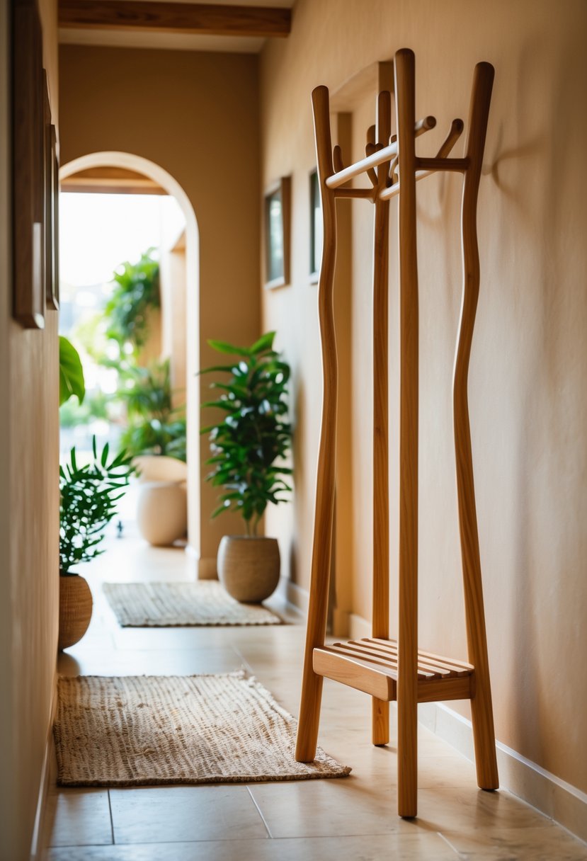 Earthy Hallway Styling Tips: 20 Ideas for a Warm and Natural Look 14 A wooden coat rack with a natural finish standing in a hallway with plants and a rug.