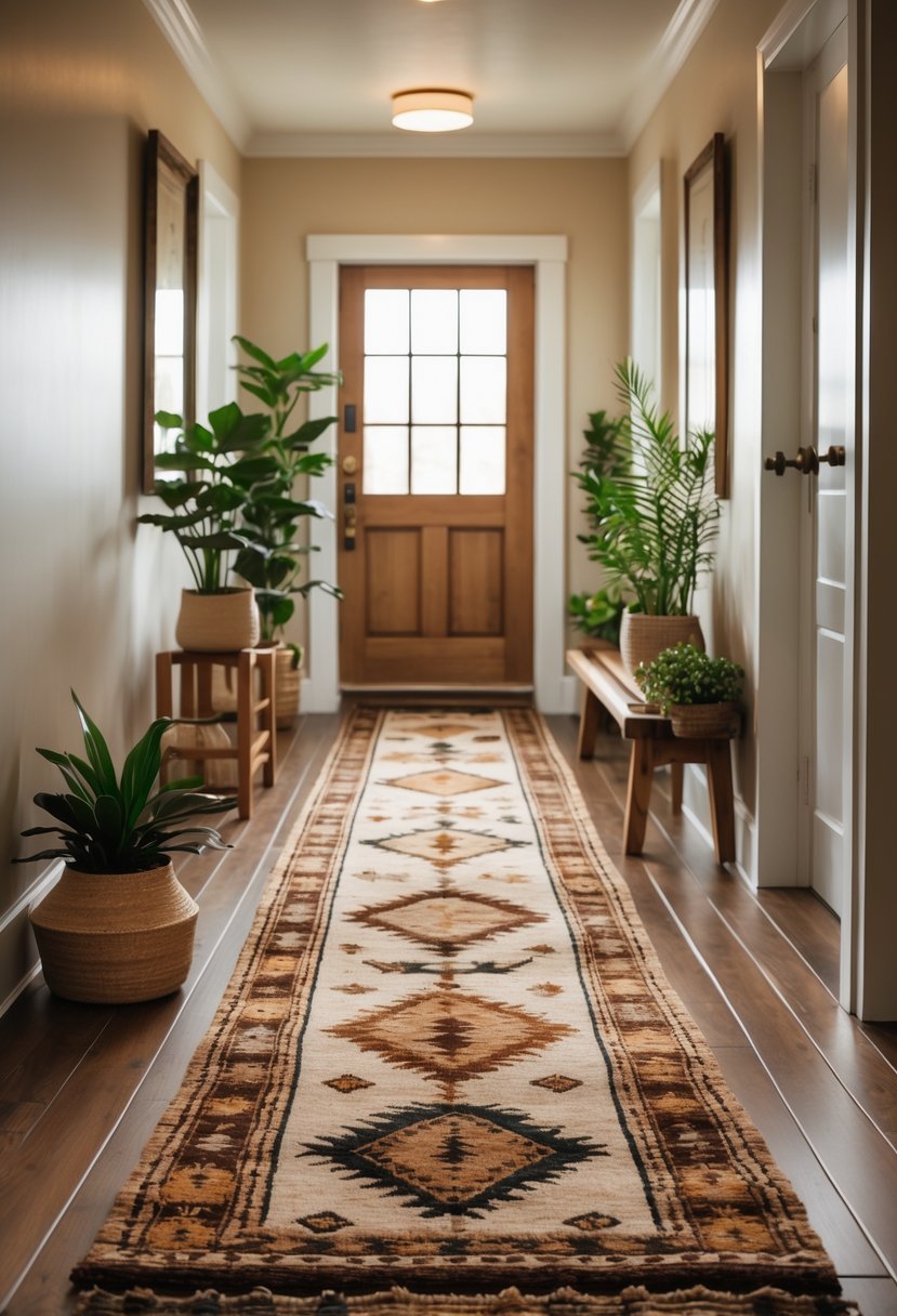 Earthy Hallway Styling Tips: 20 Ideas for a Warm and Natural Look 17 A hallway with a long wool runner rug on wooden floor, decorated with plants and wooden furniture.