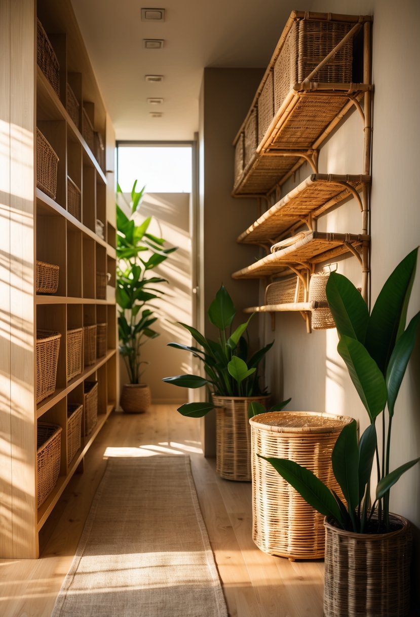 Earthy Hallway Styling Tips: 20 Ideas for a Warm and Natural Look 18 A hallway with bamboo and rattan storage baskets and shelves, wooden floor, green plants, and natural light.