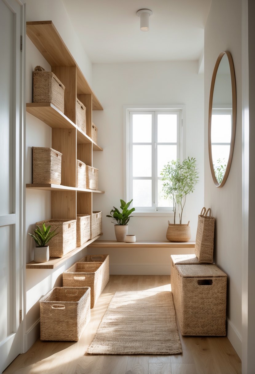 Earthy Hallway Styling Tips: 20 Ideas for a Warm and Natural Look 19 A hallway with natural fiber storage bins on wooden shelves and a bench, featuring a potted plant and a round mirror on the wall.
