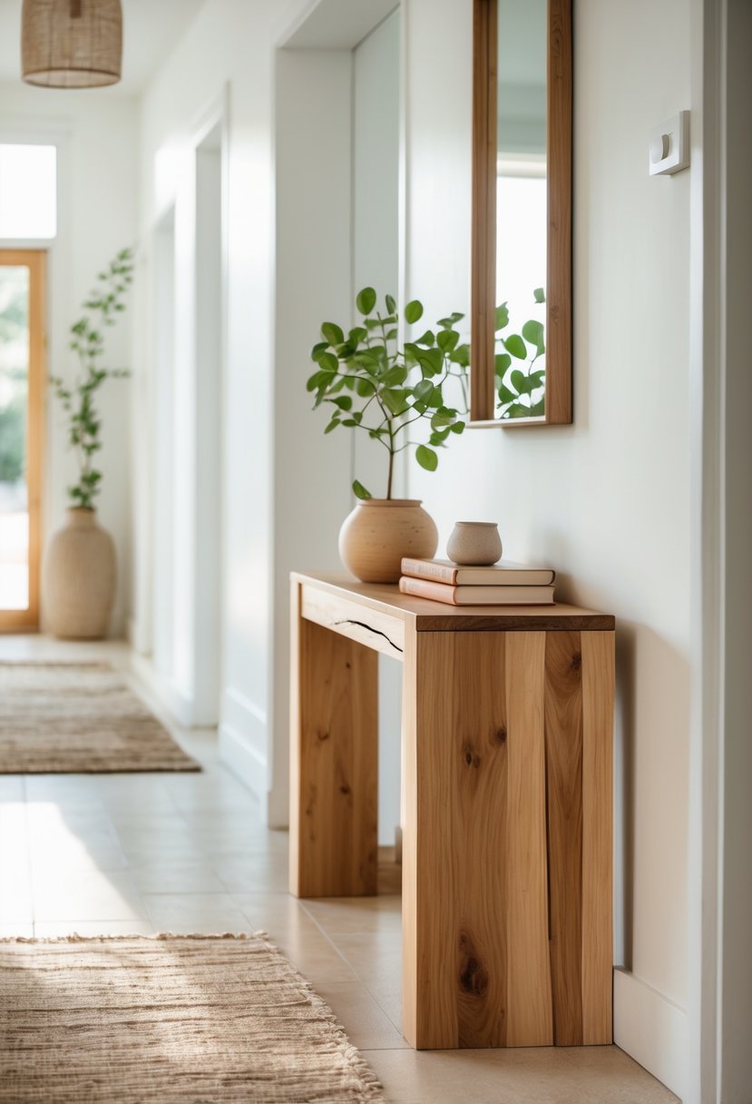 Earthy Hallway Styling Tips: 20 Ideas for a Warm and Natural Look 20 A wooden console table with simple lines in a bright hallway with natural light and a few decorative items.