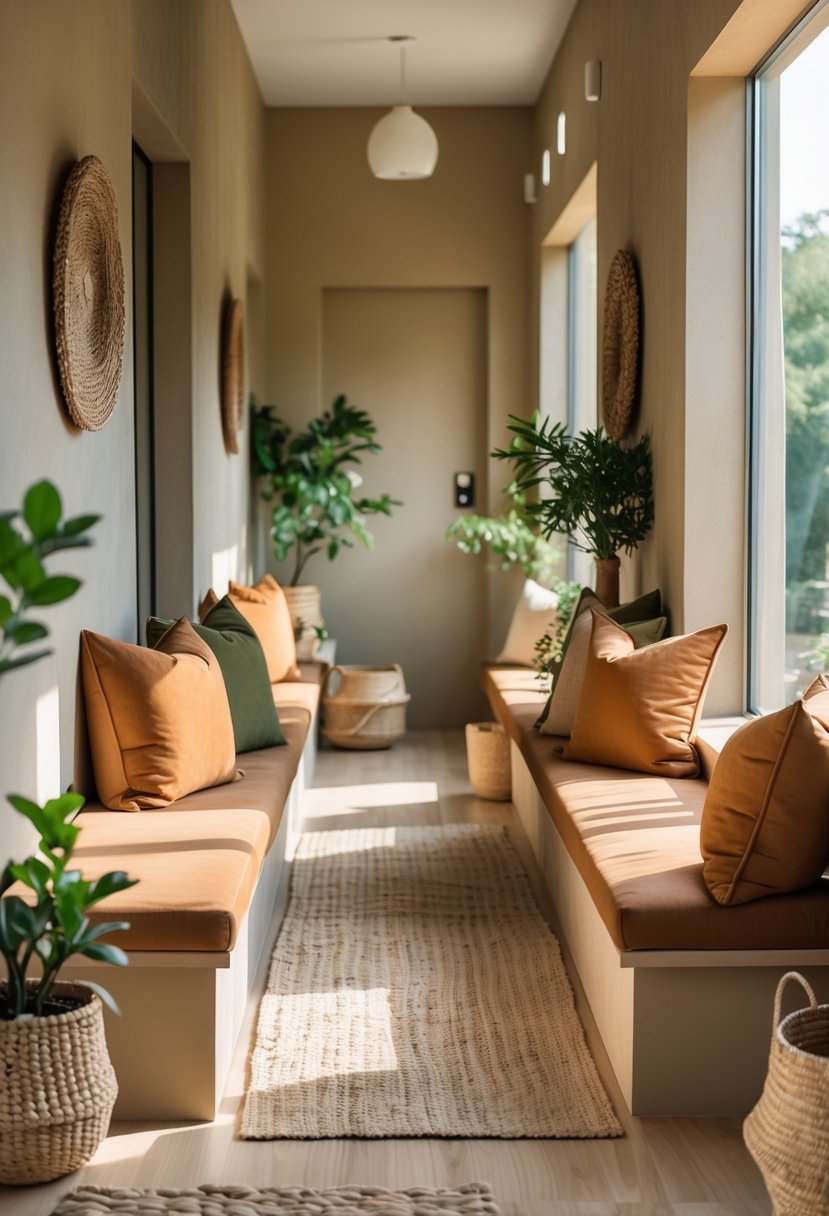 Earthy Hallway Styling Tips: 20 Ideas for a Warm and Natural Look 21 A hallway with seating areas featuring earth-tone cushions and natural decorative elements.