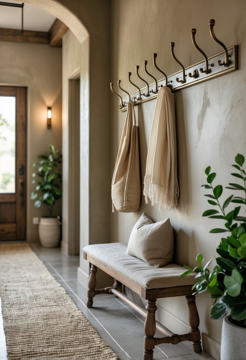 Earthy Hallway Styling Tips: 20 Ideas for a Warm and Natural Look 22 A hallway with antique brass hooks holding bags and scarves, a wooden bench with a cushion, a woven rug, and potted plants.