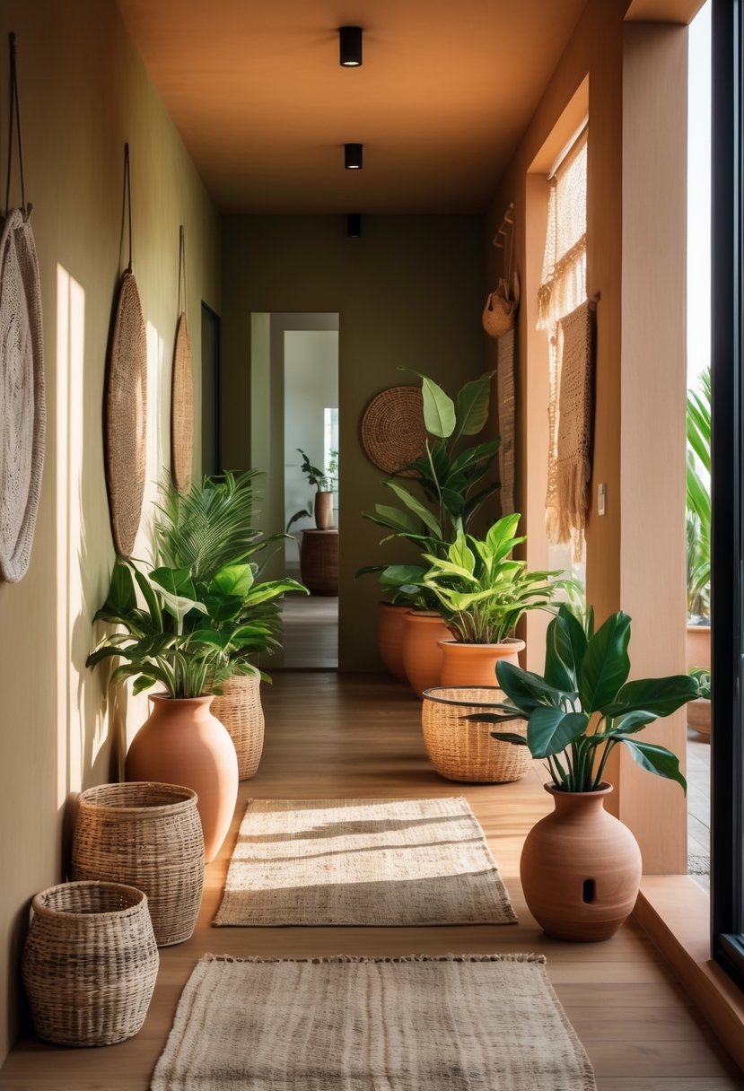 Earthy Hallway Styling Tips: 20 Ideas for a Warm and Natural Look 23 A hallway with wooden floors, green plants in clay pots, woven baskets, and soft natural lighting.