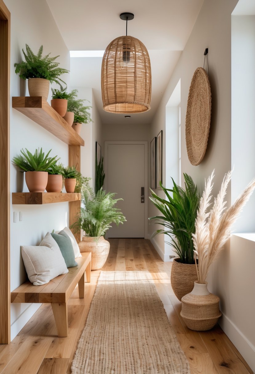 Earthy Hallway Styling Tips: 20 Ideas for a Warm and Natural Look 24 A hallway with wooden floors, a woven rug, wooden shelves with plants, a rattan light fixture, a wooden bench with a cushion, and natural decorative elements.