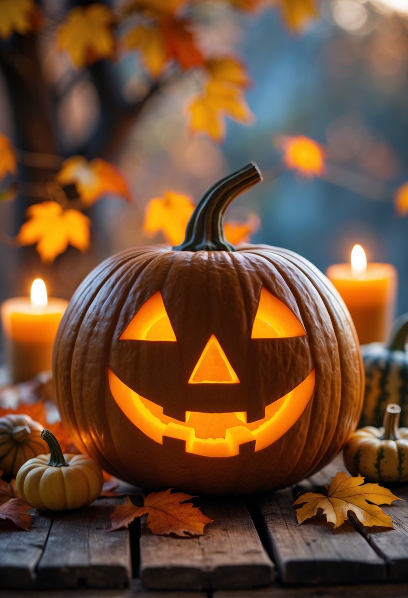 A glowing carved pumpkin with a classic jack-o'-lantern face sitting on a wooden table surrounded by autumn leaves and small gourds.