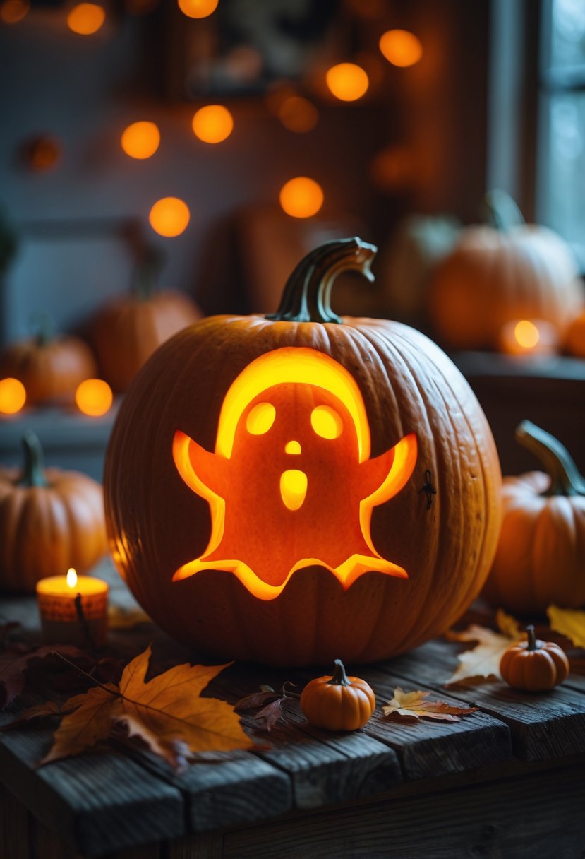 A glowing pumpkin carved with a spooky ghost silhouette sits on a wooden surface surrounded by autumn leaves and small gourds inside a cozy home.