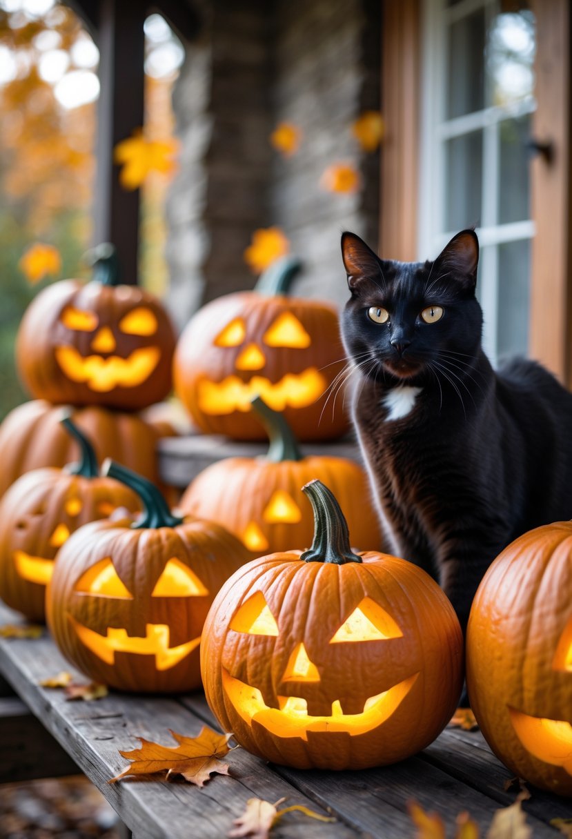 A black cat with an arched back smiling among several carved pumpkins on a wooden surface with autumn leaves around.