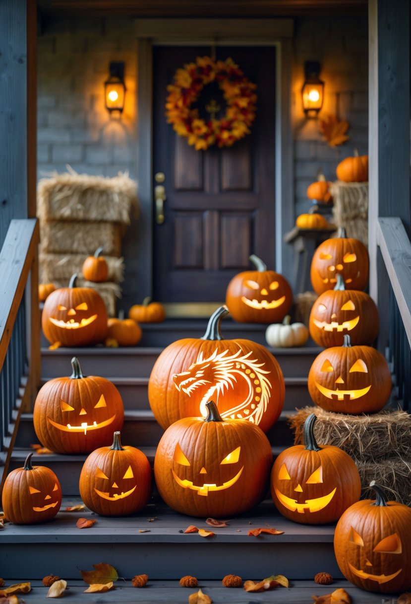 A collection of carved pumpkins on a wooden porch, including one with a fire-breathing dragon design, surrounded by autumn leaves and fall decorations.