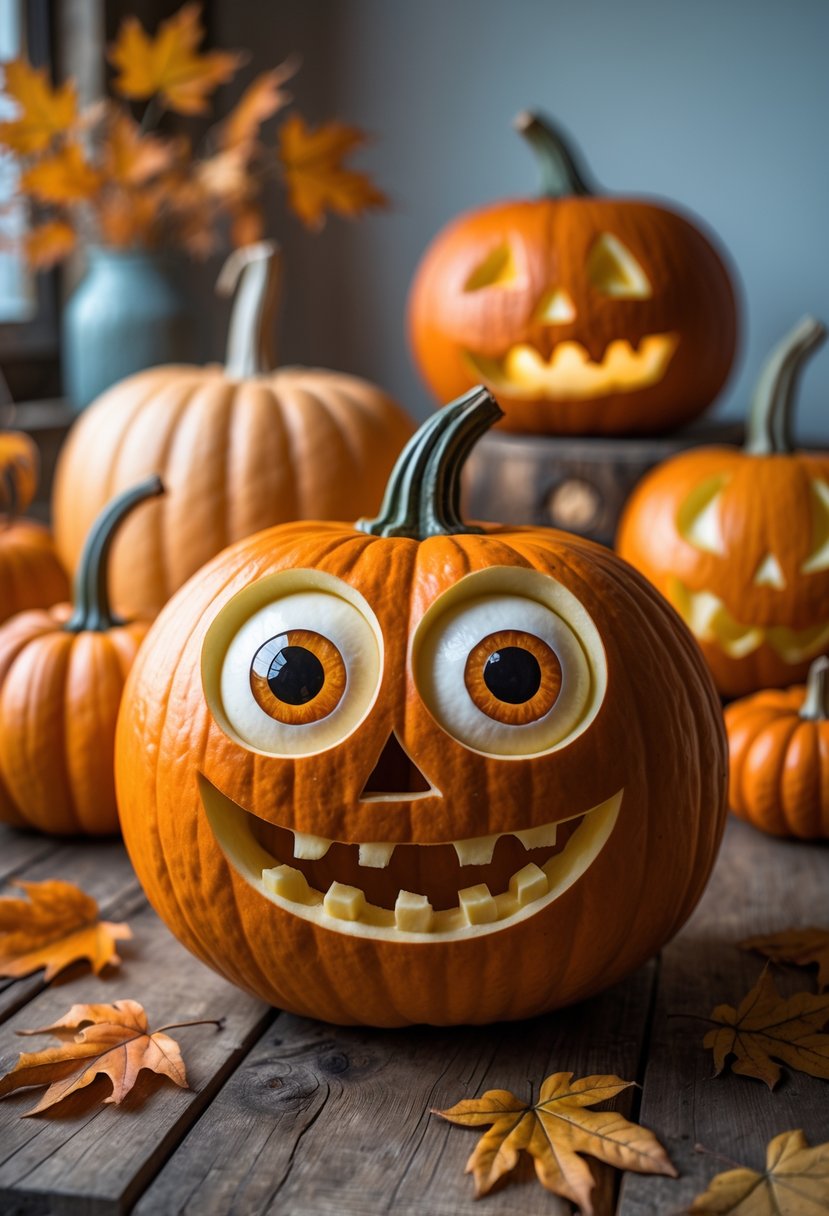 A collection of carved pumpkins including one with a friendly monster face with big eyes, arranged on a wooden table with autumn leaves.