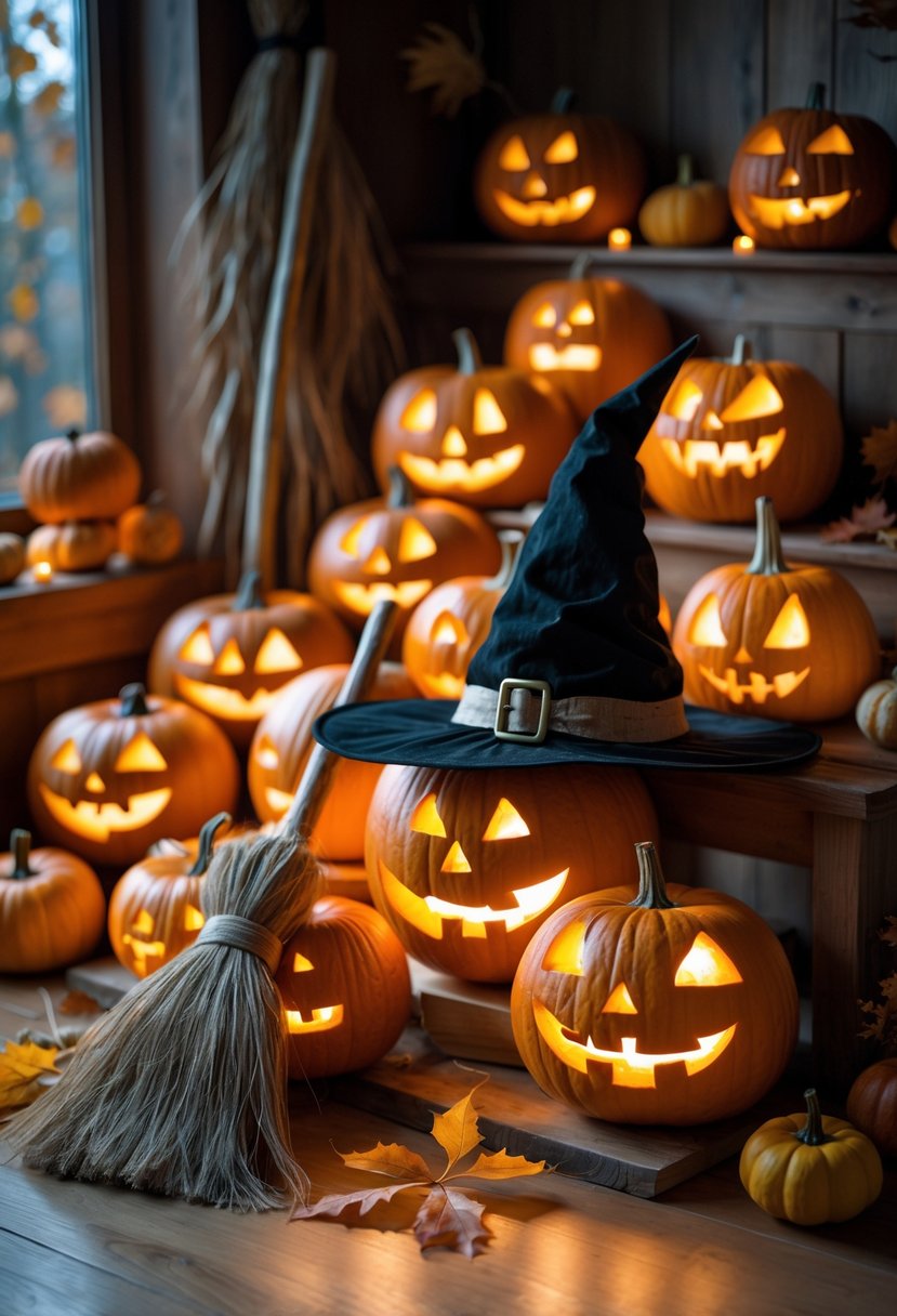 A witch's hat and broom next to a group of carved pumpkins glowing with candlelight on a wooden surface surrounded by autumn decorations.