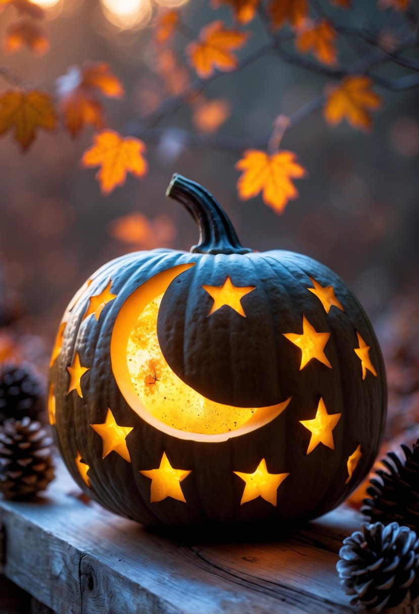 A carved pumpkin with a crescent moon and stars glowing from inside, sitting on a wooden surface surrounded by autumn leaves.