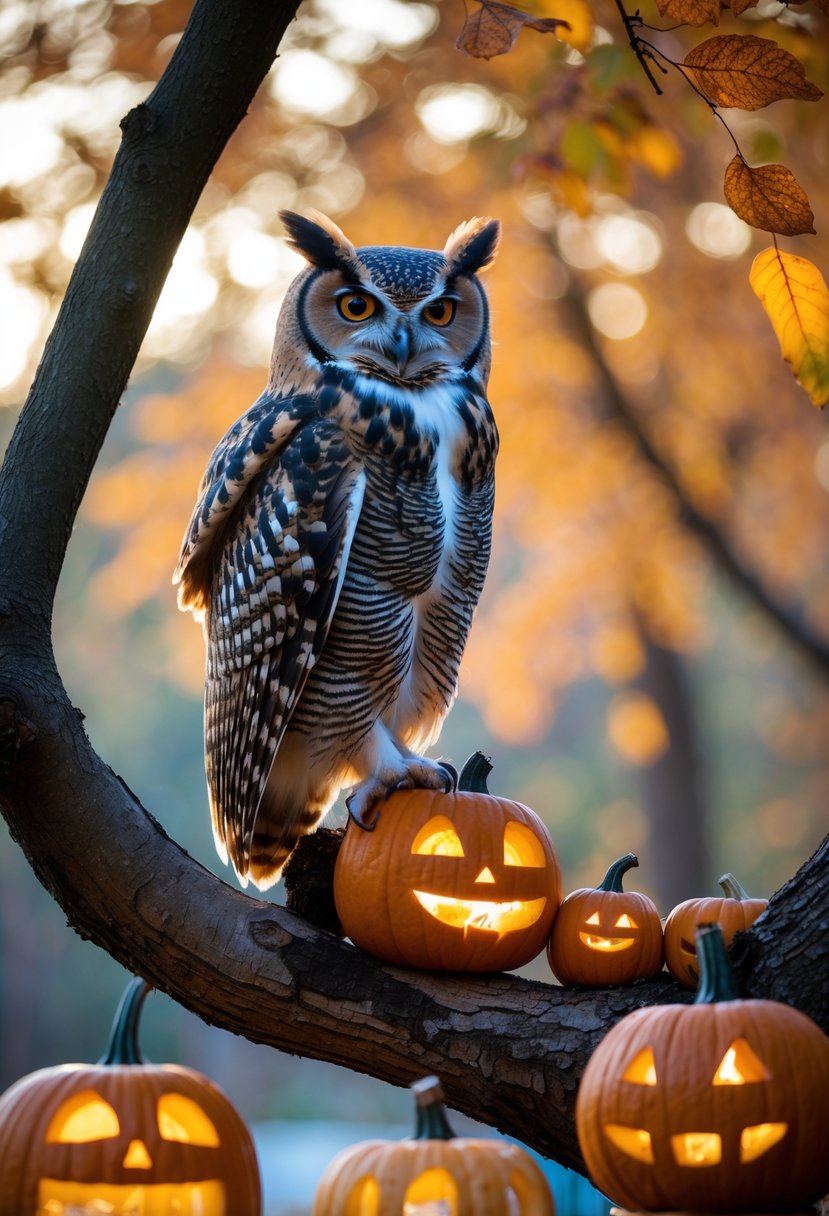 An owl sitting on a tree branch surrounded by carved pumpkins and autumn leaves.