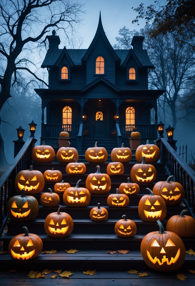 A group of carved pumpkins glowing on a porch in front of a dark haunted house silhouette surrounded by bare trees and autumn leaves.