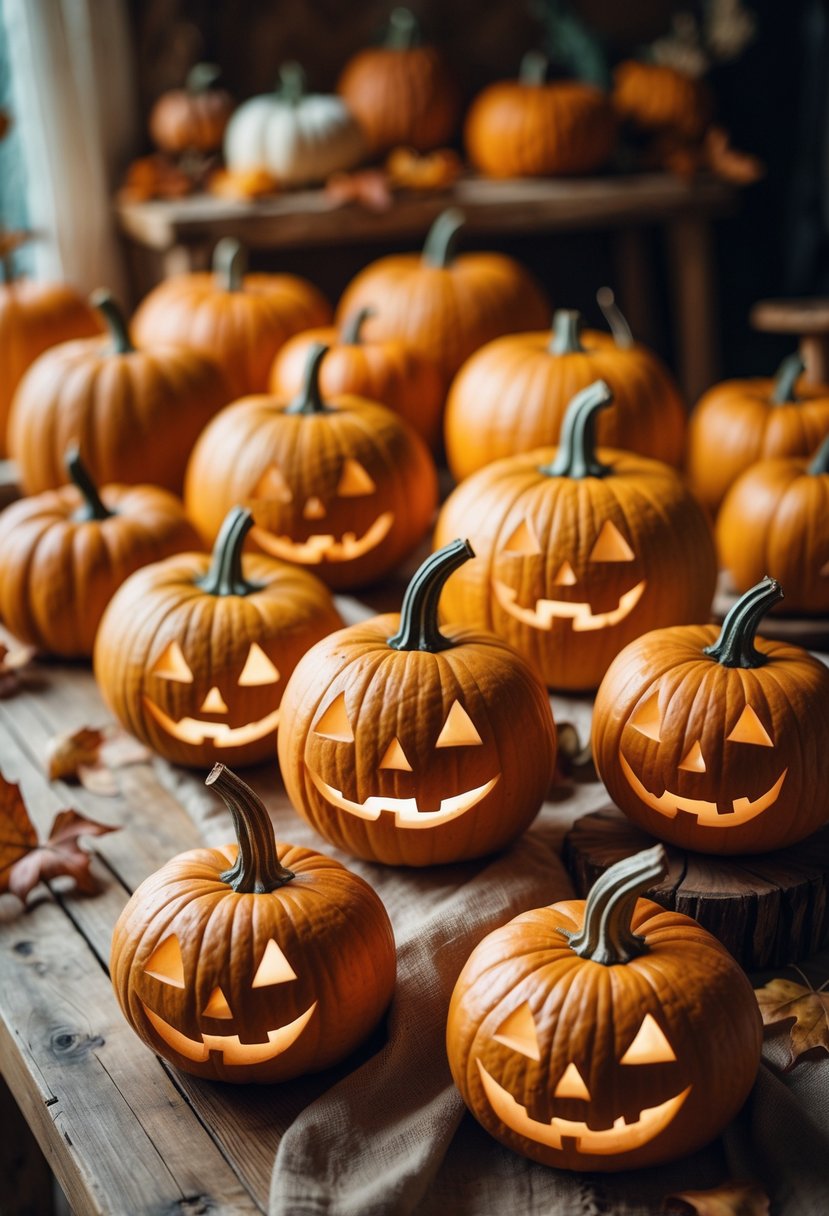 A group of pumpkins carved with simple smiling faces featuring triangle eyes, arranged on a wooden table with autumn decorations.