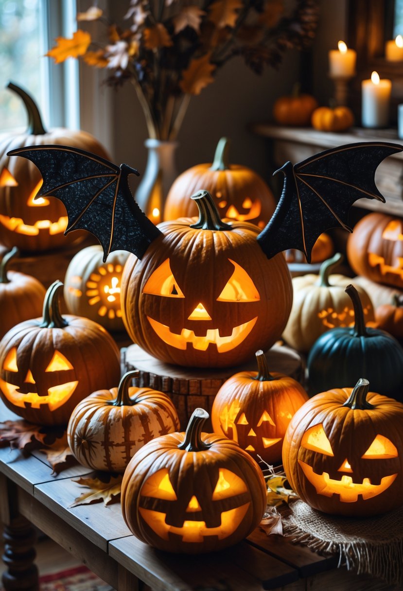 A collection of 18 carved pumpkins arranged on a wooden table with one pumpkin decorated to have bat wings spread wide, surrounded by fall decorations.
