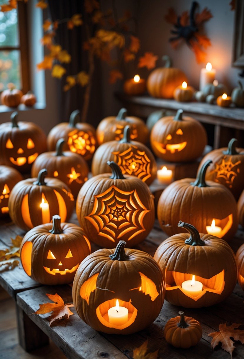A group of 18 carved pumpkins with spider web designs glowing softly on a wooden table surrounded by autumn leaves and Halloween decorations.